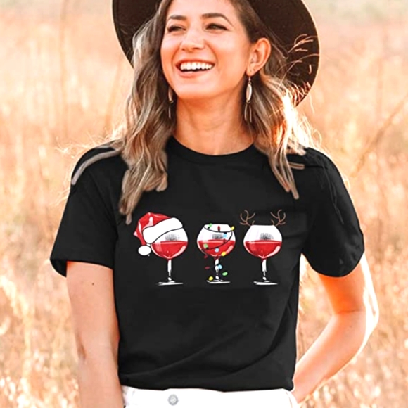 Wine Not Merry Christmas Short Sleeve Tee in Black and Red Size Medium - Picture 1 of 11